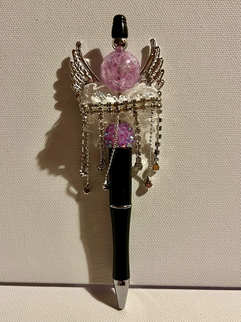 Decorative Angel Wing Ballpoint Pen w/Purple & White Crystal Accents